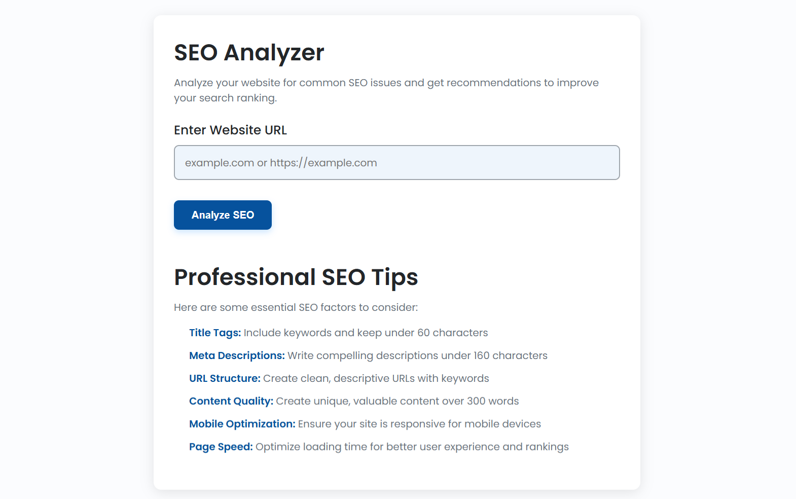 SEO Analyzer Tool Dashboard